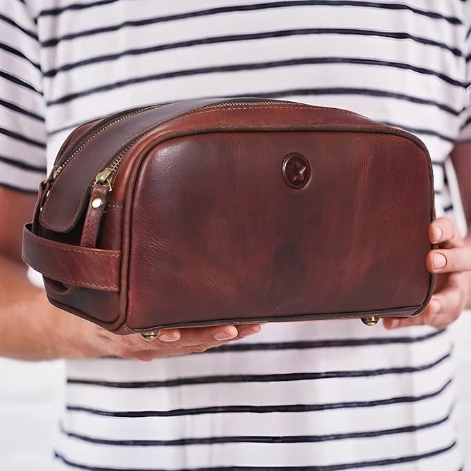 Leather Toiletry Bag for Men | Grooming Travel Kit | With Waterproof Lining | By Aaron Leather (Dark Brown)
