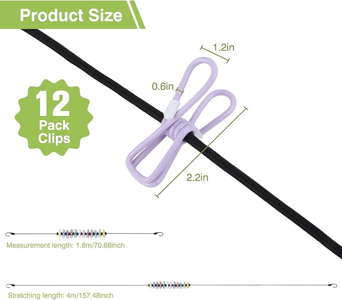 2 Pcs Camping Clothesline Portable 12 Clothespins, Camping Accessories Travel Clothesline for Outdoor Indoor, Retractable Clothes Line Elastic Clothesline, Windproof for Travel Camping Indoor Use