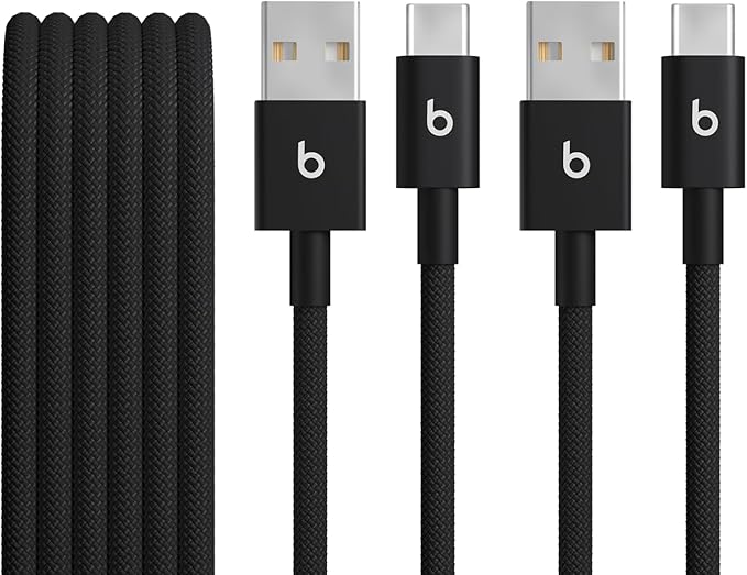Beats USB-A to USB-C Woven Cable 2 Pack Fast Charging Durable/Tangle-Free Compatible Charger for Apple & Android Devices (1.5 m, 5 ft) - Bolt Black
