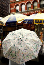 RIFLE PAPER CO. Umbrella, Matching Storage Sleeve, Portable, Auto Open and Close, Wooden Handle, Printed in Full Color