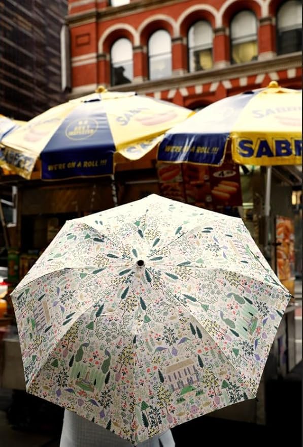 RIFLE PAPER CO. Umbrella, Matching Storage Sleeve, Portable, Auto Open and Close, Wooden Handle, Printed in Full Color