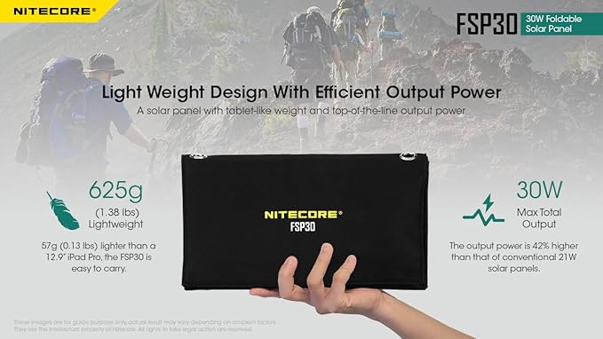 NITECORE FSP30 30W Portable Solar Charger, USB-A & USB 3 Output Ports, High Efficent 4 Foldable Panels for Camping Hiking Van RV Trip Compatible with Phones and Tablets with Nitecore Sticker