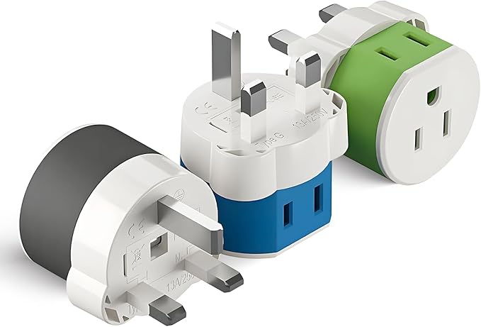 OREI UK, Ireland, Dubai Power Plug Adapter with 2 USA Inputs - Travel 3 Pack - Type G (US-7) Fuse Protected - Use with Cell Phones, Laptop, Camera Chargers, CPAP, and More
