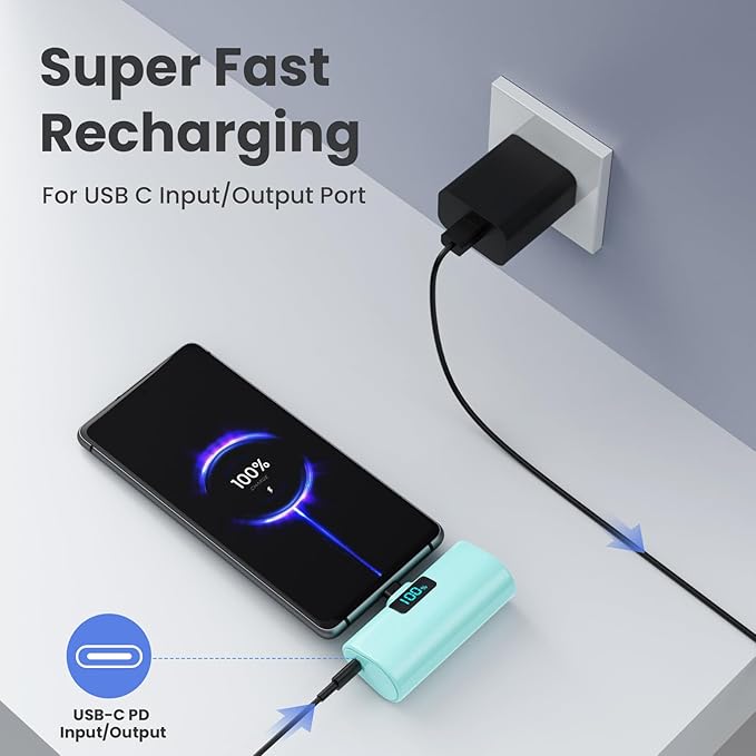 Mini Portable Charger USB C Power Bank,Upgraded 5500mAh PD Fast Charging Battery Pack Built-in USB-C Connector Travel Essential for iPhone17/17Pro/17Pro Max/Air/16 Plus/16Pro Max/15 Series (Green)