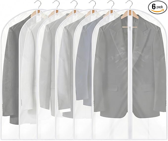 Dntorx 6 Pack Garment Bags 60 * 100cm, 40in PEVA Translucent Garment Covers, Suit Storage Bags, Dress Organizer Bags Used To Protect Shirts, Winter Coats, Jackets（White Edge）