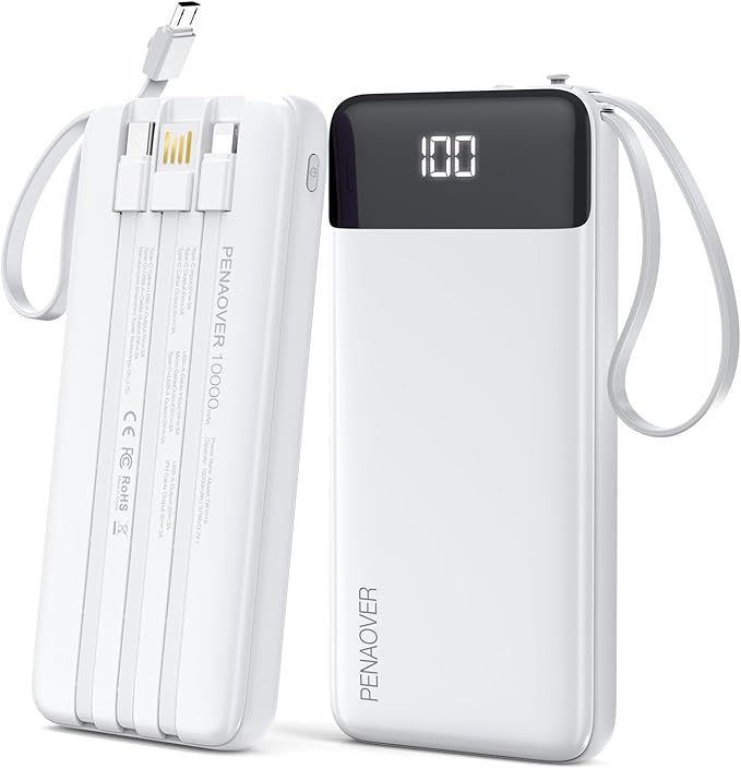Portable Charger Built-in Cables,10000mAh Power Bank for iPhone,Fast Charge USB C Battery Pack Travel Essentials Slim Lightweight Powerbank Compatible with iPhone 17/16/15/14, Samsung, Android, etc