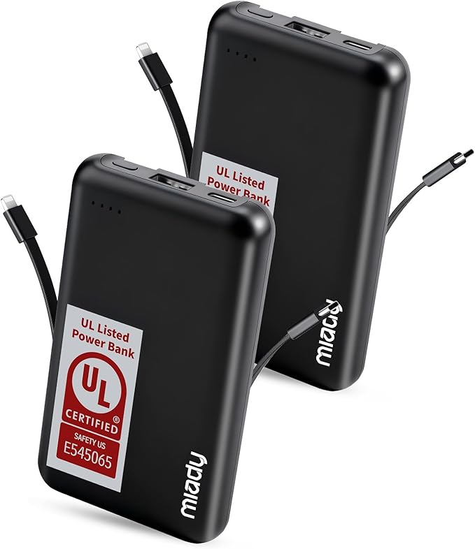 Miady 2-Pack UL Listed Small Portable Charger, 5000mAh Slim Power Bank Built-in 2 Cables Compatible with iPhone 17/16/15/14/13 Galaxy S24/S22 etc (2 Black)