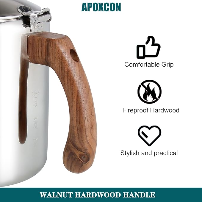 APOXCON Coffee Percolator Pot Stainless Steel Coffee Maker with Tough Glass Knob & Fireproof Solid Wood Handle & Drip-Free Spout Camping Coffee Pot Using on any Stovetop NO Aluminum NO Plastic (8 Cup)