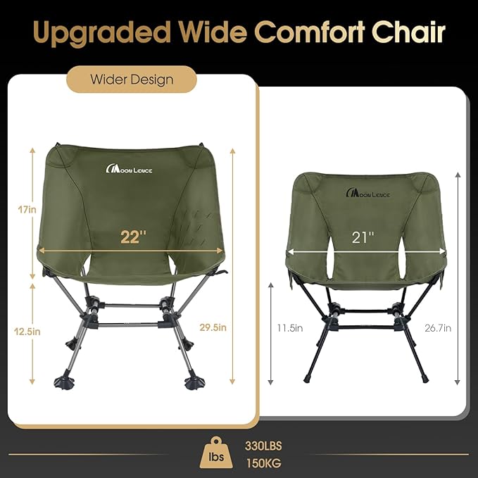 MOON LENCE High Back Folding Camping Chairs, Height-Adjustable, Widened Seat, for Beach with Anti-Sinking Feet (Green-Plus)