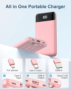 Portable Charger with Built-in Cables 10000mAh Power Bank with Cords, Slim Battery Pack with LED Display, Travel Essential Portable Charger for iPhone 17/16/15/14 Series, Android Samsung Google Pixel