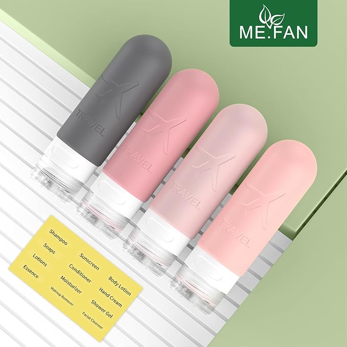 ME.FAN Travel Bottles for Toiletries, TSA Approved 3oz Travel Size Containers, Silicone Squeezable Portable Split Bottle, Travel Accessories for Conditioner, Shampoo, Lotion- 4 Pack Pink