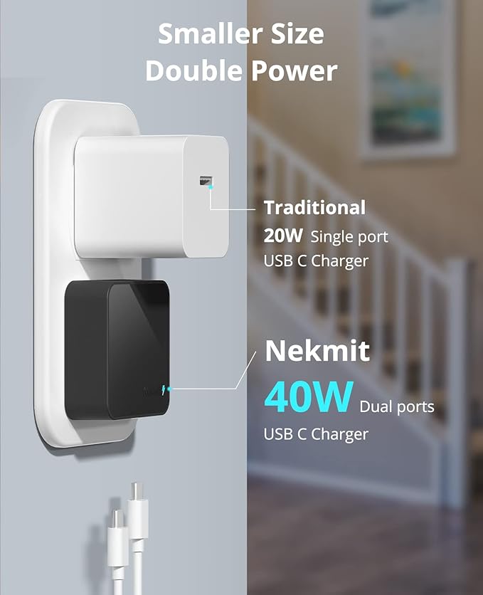 Nekmit Dual Port USB C Wall Charger, 40W PD Fast Charging USB C Wall Plug Adapter, Flat Thin Slim Charger Block for iPhone 17/17 Pro/17 Pro Max, Galaxy, MacBook Air, iPad, AirPods and More