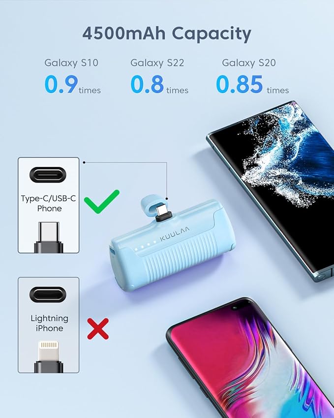 Kuulaa Portable Charger USB C with Built-in USB-C Plug, 4500mAh Mini Power Bank Small Battery Pack for iPhone 15/16,Samsung S22/S23 & Android (Blue)