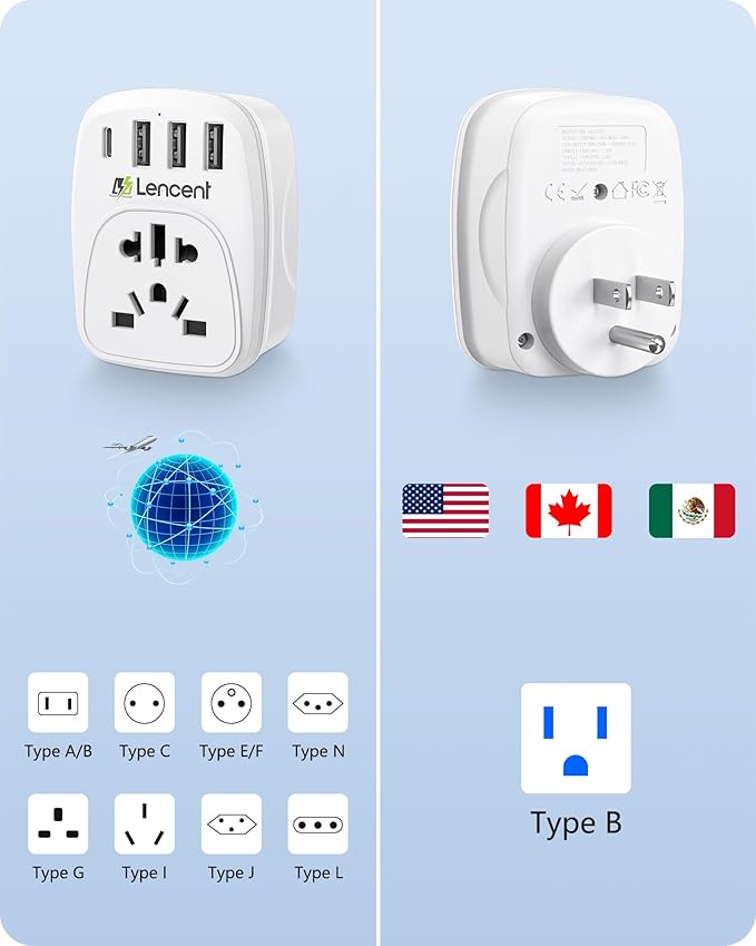 LENCENT World to US Plug Adapter with 3 USB & 1 PD Type-c Quick Fast Charger Ports, Type B European EU Europe/UK/Australia/China to USA American Canada Japan Outlet Power Adaptor Travel Plug Converter