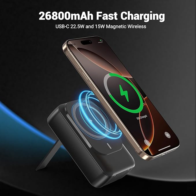 Magnetic Wireless Power Bank 26800mAh, PD 22.5W Type-C Fast Charging Portable Charger 5 Outputs, Battery Pack for Magsafe Built in 2 Cables with Stand LED Display for iPhone 17/16/15/14/13/12-Black