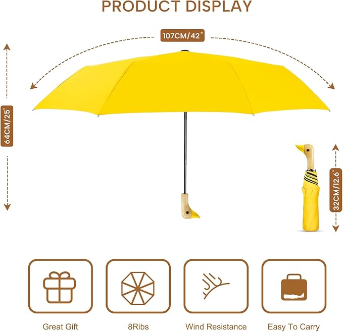 Compact Small Umbrellas for Rain&Sun, Cute Design Duck Head Umbrella for Girls Gifts, 8 Ribs Folding Umbrella with Wooden Handle