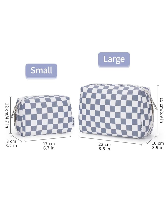 Narwey Small Checkered Makeup Bag for Purse Mini Cosmetic Bag Travel Makeup Pouch Zipper Pouch Cute Make up Bags with Compartments for Women Girls (Grayish Blue Checkerboard, Small)