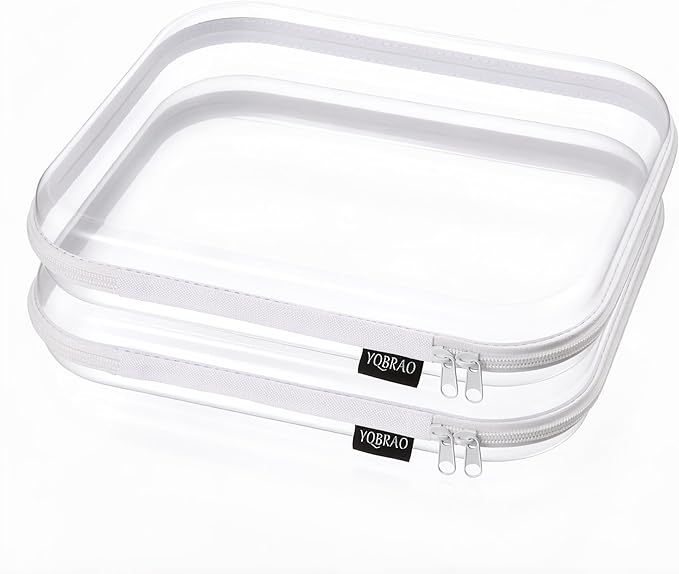 YQBRAO 2-Pack Large Clear Hard Shell Zipper Case White, 1.2mm Heavy-Duty Crush-Proof Makeup Bag, Large Diaper Bag Organizer Pouches, Rigid Clear Zipper Pouches for Toys, Art Supplies & Tech