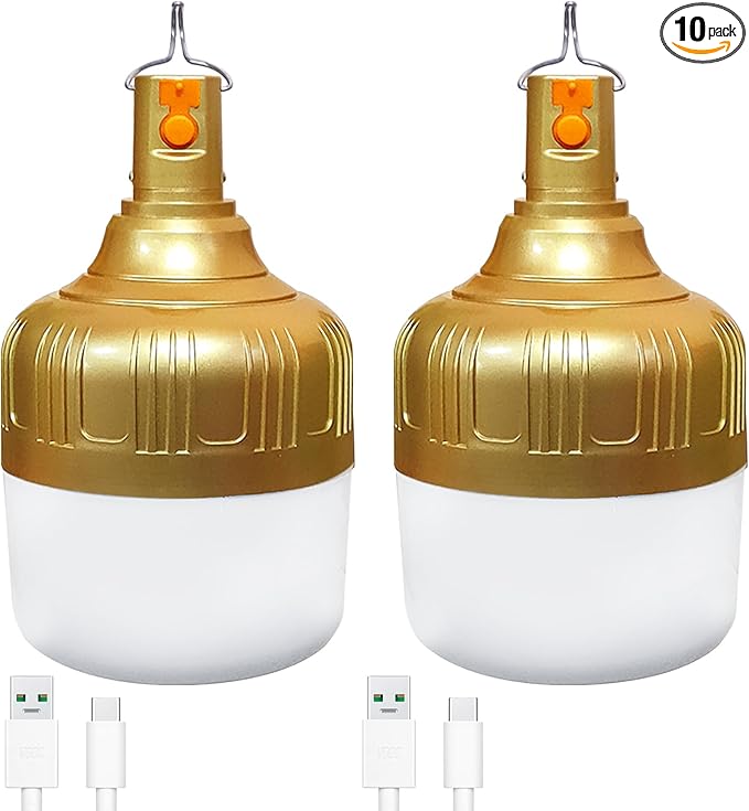 2-Pack Rechargeable Outdoor Camping Lights, 2400mAh IPX4 Waterproof LED Hanging Light, Emergency Light Bulbs for Power Outage, Portable Tent Lamps with Hook for Campsite, Vendor Booths, BBQ