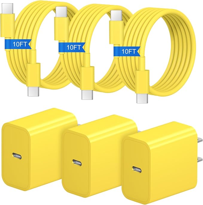 iPhone 17 16 15 Charger Fast Charging 3+3Pack 20W USB C Wall Charger with 10FT Fast Charging Cable Compatible with iPhone 17/17 Air/17 Pro/17 Pro Max/iPhone 16/15 Series, iPad Pro/AirPods -Yellow