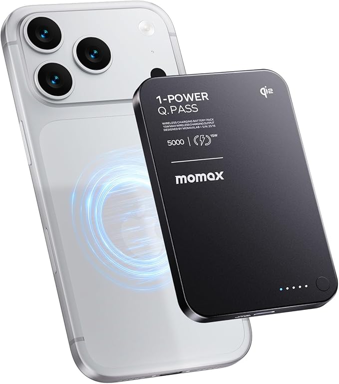 MOMAX (2026 NEW) Magnetic Portable Charger Slim 0.37", 5000mAh Qi2 Certified 15W Fast Charging Power Bank iPhone Air MagSafe Battery Pack Designed for iPhone 17 Pro Max/17 Pro/Air/16/15/14/13/12