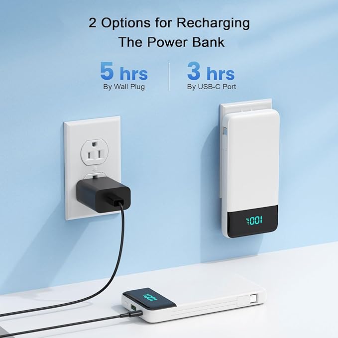 Portable Charger with Built in Cables and Wall Plug, 13800mAh USB C Fast Charging Power Bank for Travel Essentials, LED Display Battery Pack Compatible with iPhones, iPad, Samsung More Devices(White)