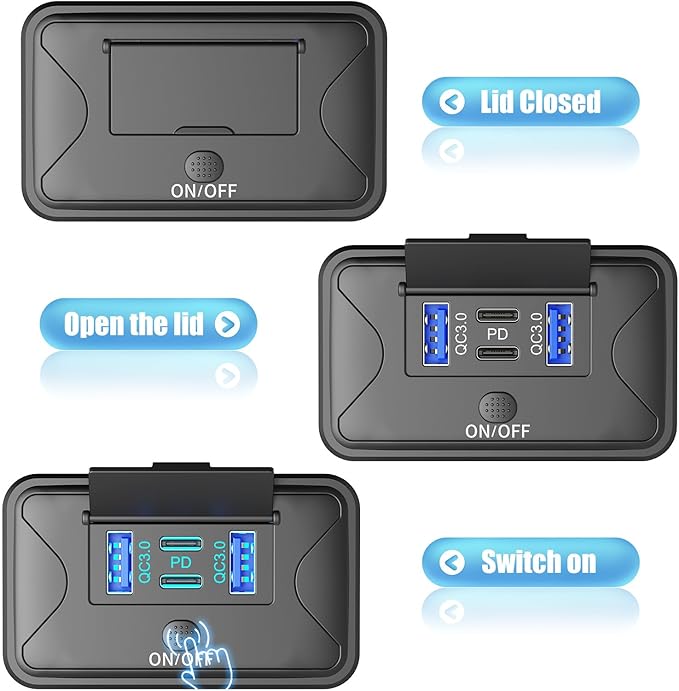 2 Pack 78W 4 Port 12V USB Outlet Wall Mount, Dual 36W PD & Dual 18W QC3.0 Lightweight Surface Mount Charger Socket Panel with Button Switch for Bus RV Truck Marine Golf Cart