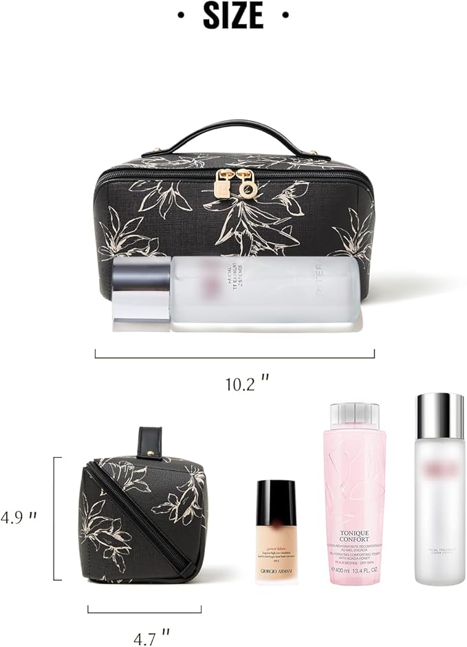 EACHY Travel Makeup Bag,Large Capacity Cosmetic Bags for Women,Waterproof Portable Pouch Open Flat Toiletry Bag Pattern Makeup Bag (F-Black-Large)