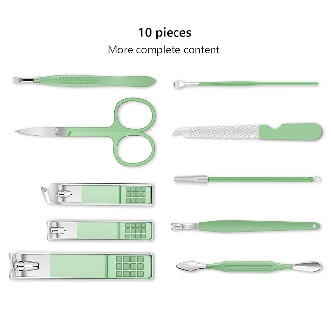 Manicure Set, Travel Mini Nail Clippers Kit Pedicure Care Tools, 10pcs Stainless Steel Grooming kit (Green)