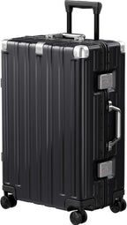 Krute Zipperless Luggage 24 Inch Aluminum Frame Suitcase with Spinner Wheels PC+ABS Hardide Checked Luggage TSA Approved No Zipper Travel Suitcase Black