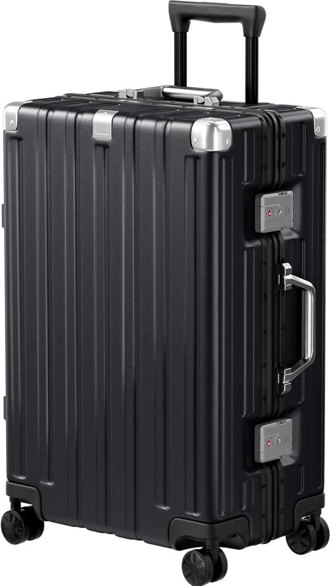 Krute Zipperless Luggage 24 Inch Aluminum Frame Suitcase with Spinner Wheels PC+ABS Hardide Checked Luggage TSA Approved No Zipper Travel Suitcase Black