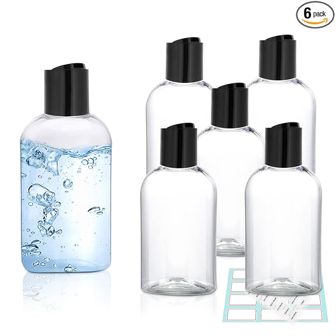 Clear Plastic Travel Bottles for Toiletries With Disc Top Caps - 6 Pack 3.4 oz TSA Approved Containers for Shampoo, Conditioner
