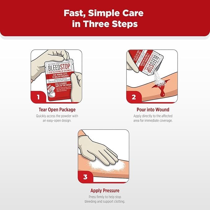 BleedStop™ First Aid Powder for Blood Clotting, Trauma Kit, Blood Thinner Patients, Camping Safety, and Survival Equipment for Moderate to Severe Bleeding Wounds or Nosebleeds 5 Pack 15g