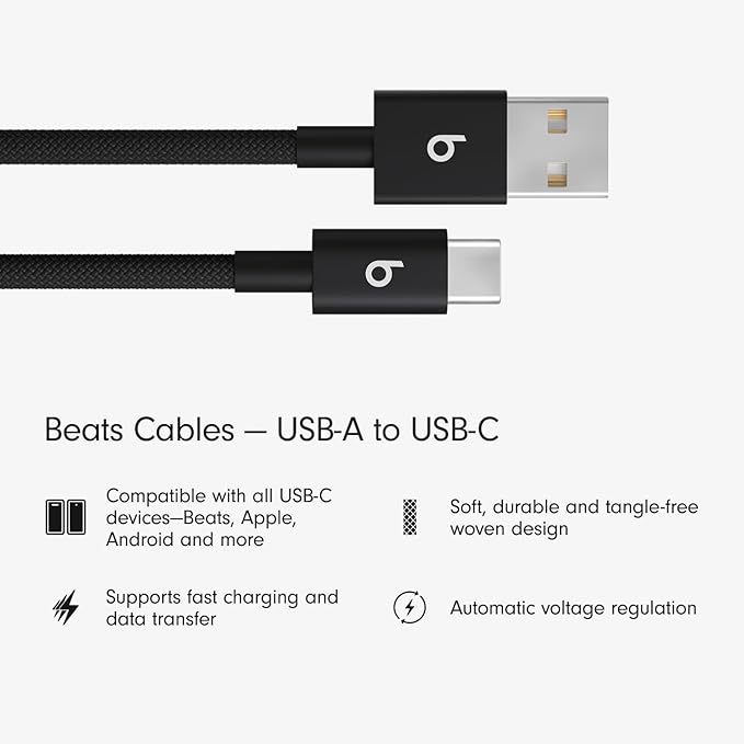 Beats USB-A to USB-C Woven Cable Fast Charging Durable and Tangle-Free Design Compatible Charger for Apple & Android Devices (1.5 m, 5 ft) - Bolt Black