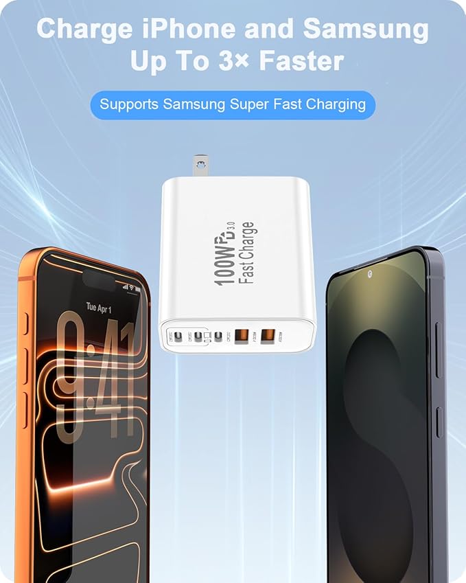 FEEL2NICE 2-Pack 100W USB C Charger Block,5-Port Fast Wall Charger [3 PD USB-C & 2 QC 3.0 USB-A], Compact Adapter for MacBook Pro, iPad, iPhone 17/16/15 Pro Max, Galaxy S26/S25 Ultra, Laptop