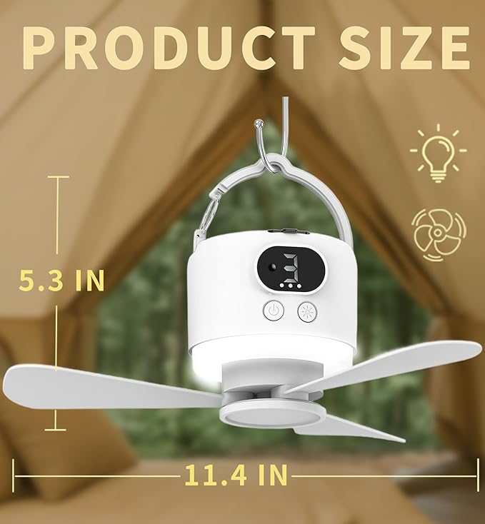 Camping Fan 10400mAh Battery Operated, USB Rechargeable Tent Fan with Remote Control,3 Detachable Blades, LED Light, 3 Speeds, Timer, Portable Ceiling Fan for Camping(White)