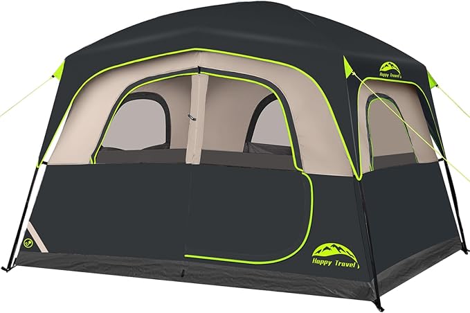 Happy Travel Tent 6 Person Tents for Camping, Waterproof Easy Setup Camping Tent with Rainfly, Portable Large Family Cabin Tent with 5 Large Mesh Windows and Carry Bag for Outdoor Camping & Hiking