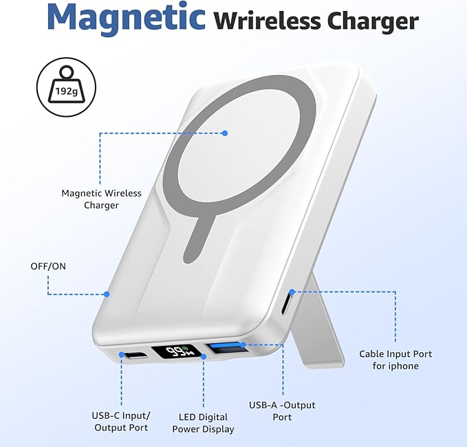 Azmuth Magnetic Power Bank,10000mAh for MagSafe Battery Pack, 22.5W PD Fast Charging,LED Display & Foldable Stand Wireless Portable Charger for iPhone 17/16/15/14/13/12/Pro/Pro Max/Plus,Pearl White