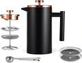 Small French Press Coffee Maker 350ml/12oz, Black Stainless Steel Double-Wall Insulated, Included 2 Extra Filters and 1 Coffee Spoon (1 Cup)