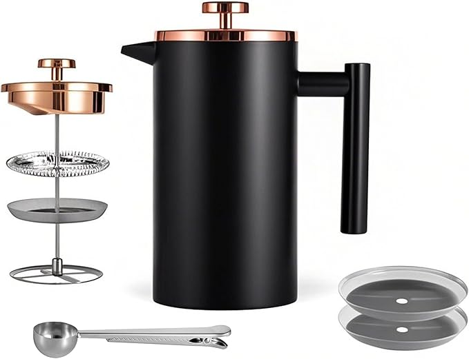 Small French Press Coffee Maker 350ml/12oz, Black Stainless Steel Double-Wall Insulated, Included 2 Extra Filters and 1 Coffee Spoon (1 Cup)