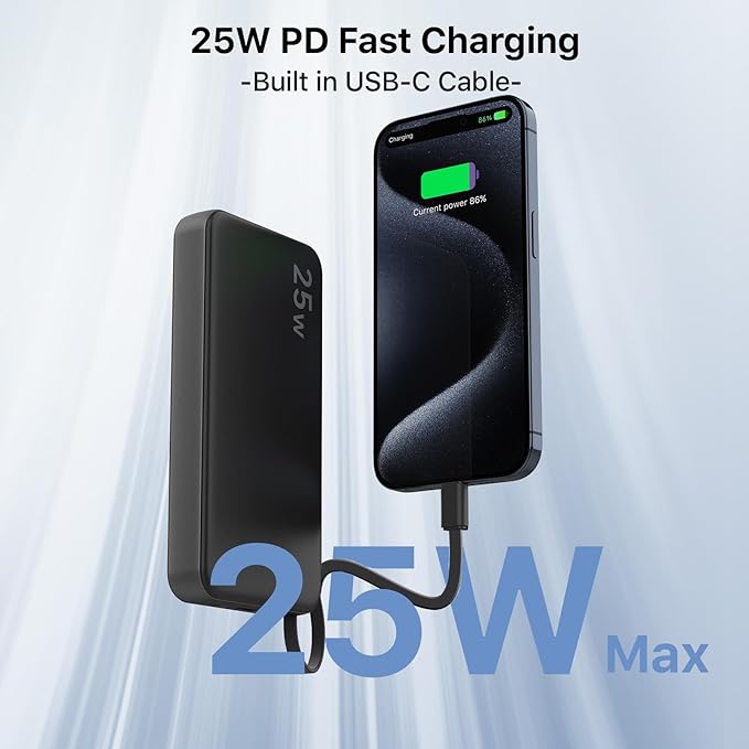 NOBIS Portable Charger 10000mAh 25W Power Bank Fast Charging Battery Pack with Built-in Type-C Cable, USB-C in/Out, USB-A Output with LED Display for Phone 17 S25