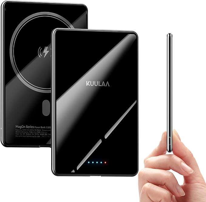 Kuulaa Power Bank Ultra Slim, 0.28 in MagSafe PowerBank 5000 mAh, PD20W Small Power Bank, Magnetic Wireless External Mobile Phone Batteries for iPhone 16 Pro/15/14/13/12 Series (Black-A)