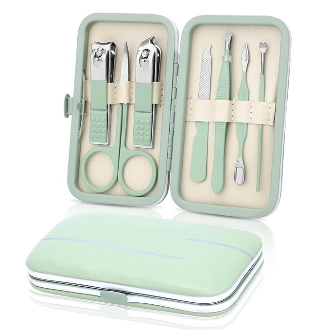 Manicure Set-Stainless Steel Nail Care Set-Professional 7 in 1 Ingrown Toenail Clipper Grooming Tool-Pedicure Kit & Toe Nail Cutter-Thick Nail Scissors Toiletries with Cuticle Trimmer (Green)