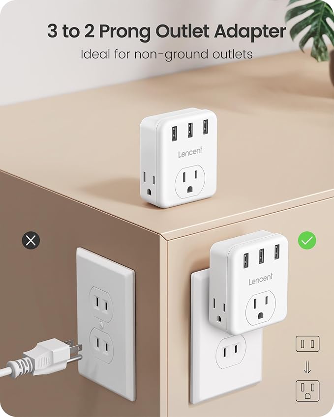 LENCENT 3 Prong to 2 Prong Adapter, 2 Pack, 3 Outlets Extender with 3 USB Ports, Wall Charger, Multi Plug Extender Splitter, Travel Adaptor for US to Japan Philippines-Type A