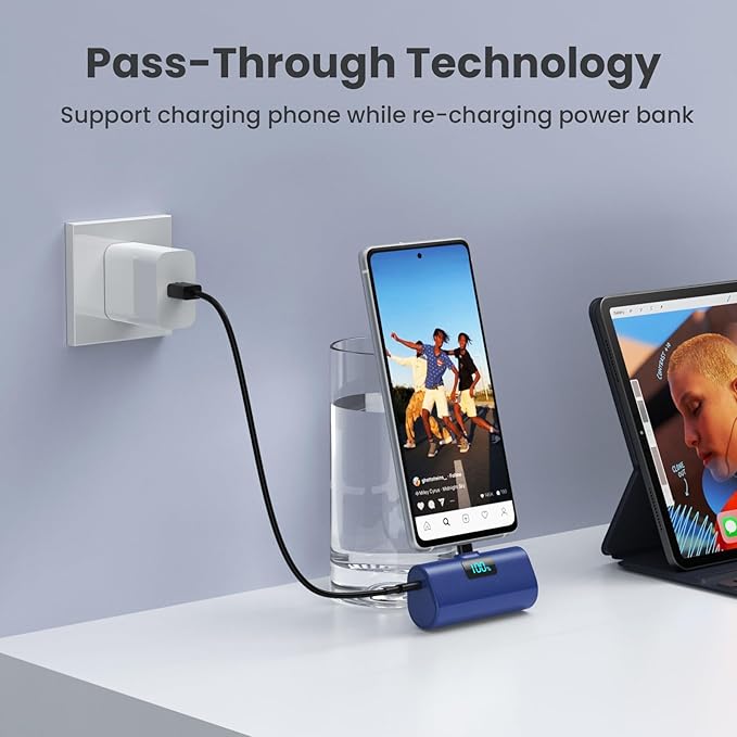 Mini Portable Charger USB C Power Bank,Upgraded 5500mAh PD Fast Charging Battery Pack Built-in USB-C Connector Travel Essential for iPhone17/17Pro/17Pro Max/Air/16 Plus/16Pro Max/15 Series (Deep Blue)