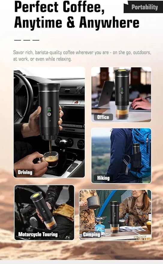 Portable 3-in-1 Espresso Coffee Maker – Self-Heating, Rechargeable USB-C & Smart LED Display, 20-Bar Extraction, Works with Ground Coffee & NS/DG Capsules, Camping (Grey)