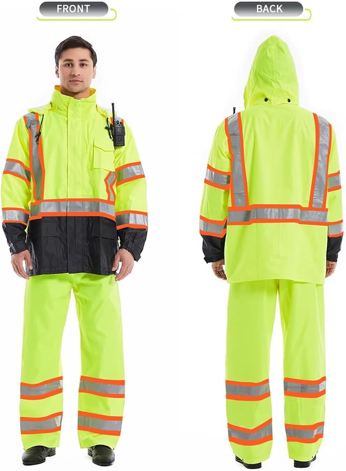 SKSAFETY Hi Vis Safety Rain Jacket for Men, Construction Work Rain Gear Heavy Duty Class 3 Rain Coat Waterproof Lightweight