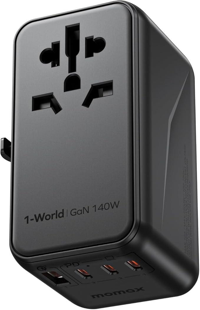 MOMAX 5-in-1 Universal Travel Adapter, GaN 140W International Power Adapter, 3 USB-C PD Fast Charging & 1 USB-A QC, 1 AC, All-in-one International Plug Adapter for Travel European UK AUS JP