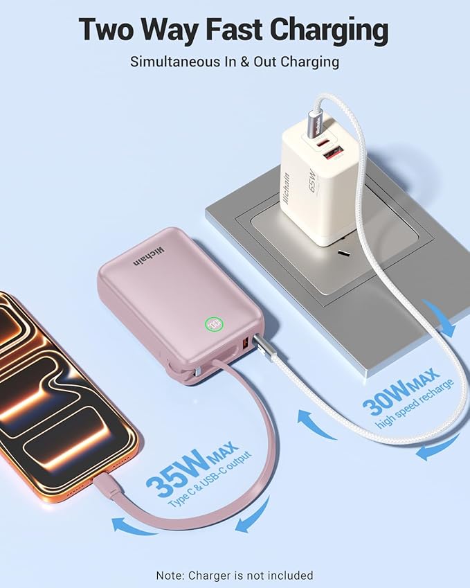 Hichain Portable Charger 20000mAh Power Bank 35W Power Bank Fast Charging Battery Pack with Dual in Cables Compact Battery Bank with Digital Display for iPhone Android Portable Phone Charger Pink