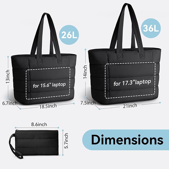 Puffer Tote Bag with Pouch,Women's Lightweight Quilted Shoulder Bag,15.6"/17.3" Laptop Travel Weekender for Work & Nurses